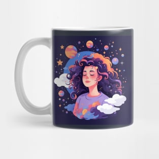 Woman with sweet dreams concept Young girl with galaxy and universe at hairs Mug